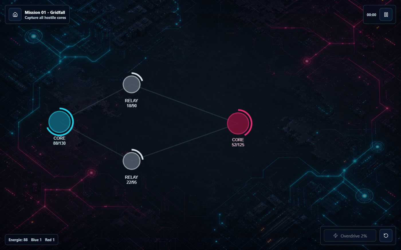 Neon Dominion Gameplay mit Neon-Tech-Karte, Energie-Towern und Missions-HUD